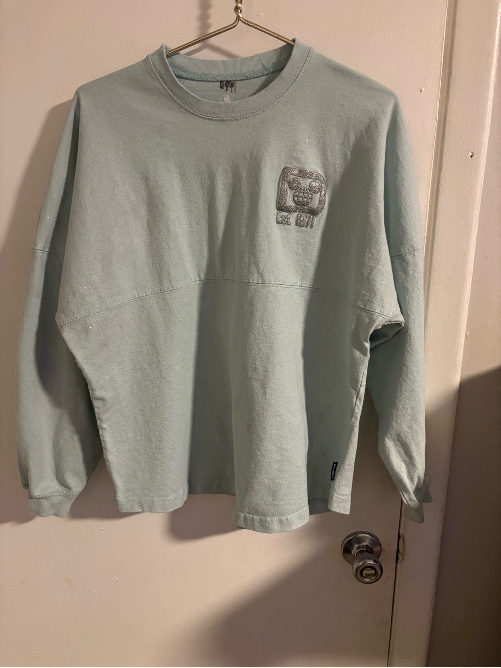 Disney Parks Spirit Jersey Mint Green Glitter Mickey Est 1971 Long Sleeve
(1063)